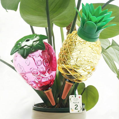 Self Watering Globes for Plants 19 oz Extra Large 2 Pcs - Fruit Shape Plant Watering Devices Automatic Plant Waterer Indoor, Vacation Plant Care, Watering Bulbs(1 Pineapple & 1 Strawberry)