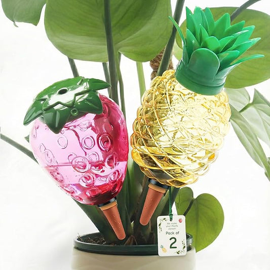 Self Watering Globes for Plants 19 oz Extra Large 2 Pcs - Fruit Shape Plant Watering Devices Automatic Plant Waterer Indoor, Vacation Plant Care, Watering Bulbs(1 Pineapple & 1 Strawberry)