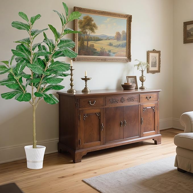 Artificial Fiddle Leaf Fig Tree, 6FT Tall Faux Ficus Lyrata Fake Tree in Black Pot Large Faux Plant for Indoor Outdoor Home, Office, Living Room Decor, Housewarming Gift