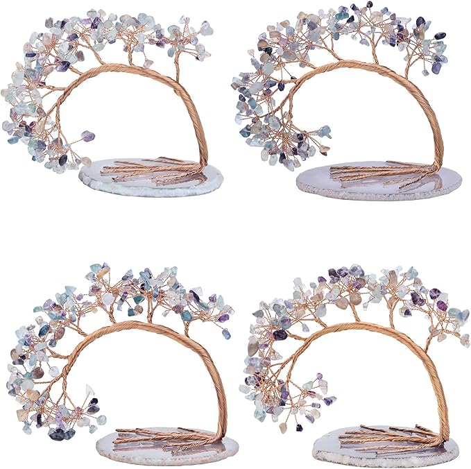 mookaitedecor Natural Fluorite Crystal Money Tree Agate Slice Base Feng Shui Bonsai Crystal Tree for Wealth Luck Desk Decor, 4.5-5.2 Inch High