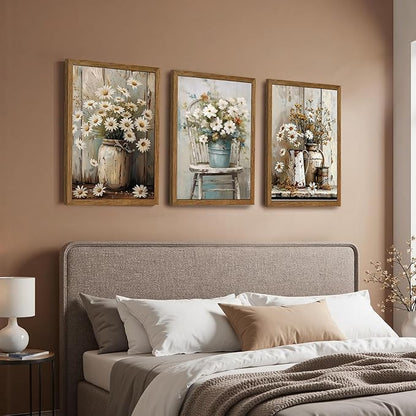 DUWQU 3 Piece Framed Elegant Farmhouse Canvas Wall Art, Vintage Floral Pictures Wall Decor, Nature Themed Daisy Art Prints for Living Room Bedroom Kitchen and Office Ready to Hang 16×24 Inches