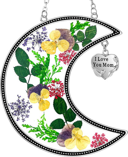 KY&BOSAM Moon Suncatcher Mom Gifts Stained Glass for Window Hangings Wind Chimes Decor with Pressed Real Flower and Metal I Love You Mom Heart Charm Birthday Gift for Women Mother`s Day Christmas