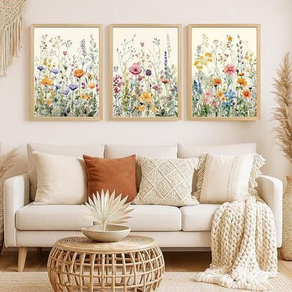 LLEEMPI Watercolor Floral Wall Art Set of 3, Colorful Wildflower Wall Decor, Modern Abstract Botanical Canvas Painting, Rustic Farmhouse Poster Print for Bedroom Bathroom Office Wood Framed 12x16 Inch