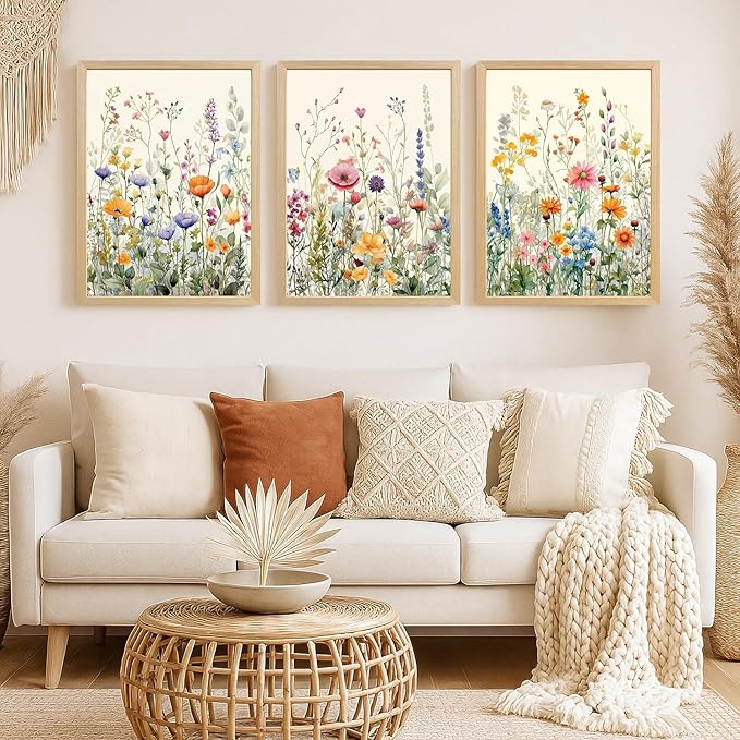 LLEEMPI Watercolor Floral Wall Art Set of 3, Colorful Wildflower Wall Decor, Modern Abstract Botanical Canvas Painting, Rustic Farmhouse Poster Print for Bedroom Bathroom Office Wood Framed 16x24 Inch