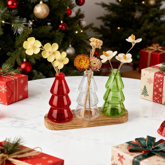 Plant Propagation Stations with Vintage Wooden Pallet,Tricolor Christmas Tree Glass Vase for Plants with DIY Sticker Decoration and Cleaning Brush,Thoughtful and Elegant