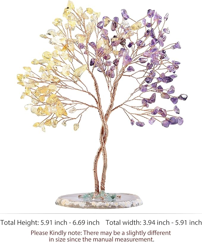 mookaitedecor Handmade Citrine & Amethyst Crystal Tree with Agate Slice Base, Bonsai Money Tree of Life for Wealth and Luck, Feng Shui Home Decor