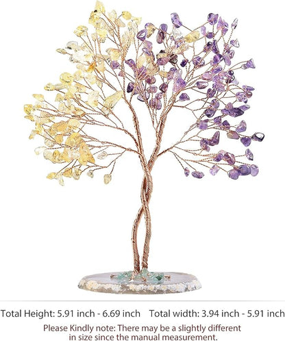 mookaitedecor Handmade Citrine & Amethyst Crystal Tree with Agate Slice Base, Bonsai Money Tree of Life for Wealth and Luck, Feng Shui Home Decor