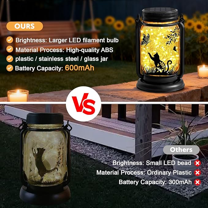 Cat Solar Lanterns, Outdoor Hanging Solar Lantern with Stake, Birthday Gifts for Mom, Grandma, Women Cat Lovers, Black Cat Butterfly Mason Jar Waterproof Lights for Yard Lawn Garden Decor