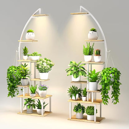 Plant Stand Indoor with Grow Lights, 7 Tiered Metal Plant Stand for Indoor Plants Multiple, Large Plant Shelf Display Rack, Half-Moon-Shaped Tall Plant Holder for Living Room, Patio (White)