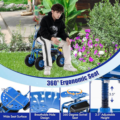 Goplus Rolling Garden Cart with Seat, Outdoor Garden Stool with Wheels, Tool Tray & Basket, Adjustable Steering Handle, 360 Degree Swivel Seat for Planting, Gardening Scooter for Lawn, Yard, Patio