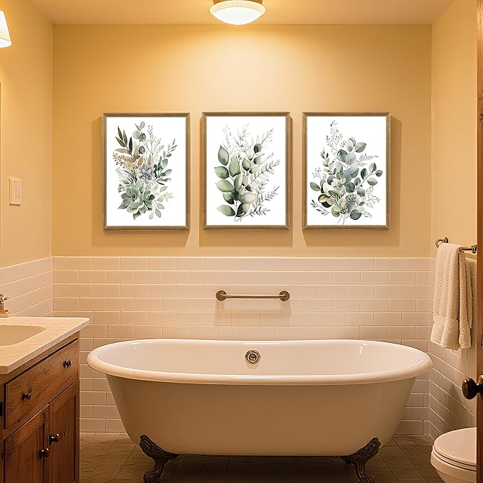 FYLDPSB 3 PCS Framed Watercolor Floral Canvas Wall Art, Boho Sage Green Wildflower Wall Decor, Modern Flowers and plants Painting Print for Bedroom Living Room Bathroom Decorations 16''L x 12''W