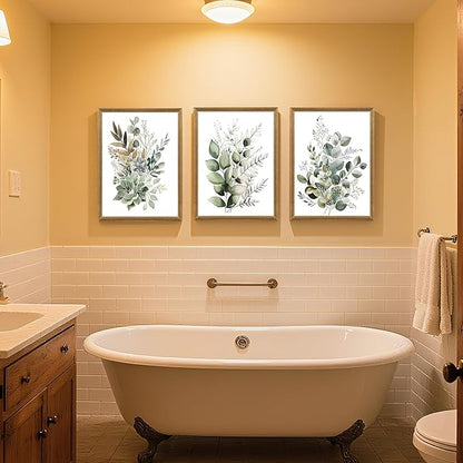 FYLDPSB 3 PCS Framed Watercolor Floral Canvas Wall Art, Boho Sage Green Wildflower Wall Decor, Modern Flowers and plants Painting Print for Bedroom Living Room Bathroom Decorations 16''L x 12''W