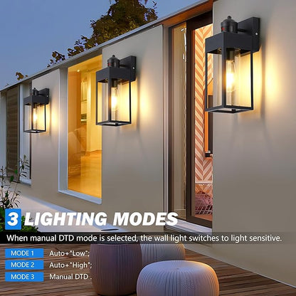 Motion Sensor Outdoor Wall Lanterns 2 Packs, Upgrade Dusk to Dawn Exterior Light Fixture, 3 Lighting Modes, Waterproof Front Porch Lights for Garage Patio Garden House Entryway, Black.