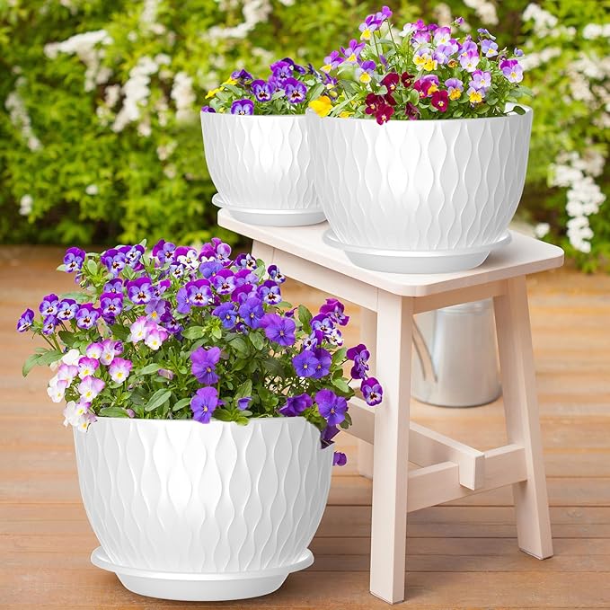 12/10/9 Inch Planter Pots, 3-Pack Large Flower Pots for Indoor Outdoor Garden Plants, Big Plant Pots with Multi Mesh Drainage Holes and Saucer (White, 12"+10"+9")