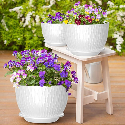 12/10/9 Inch Planter Pots, 3-Pack Large Flower Pots for Indoor Outdoor Garden Plants, Big Plant Pots with Multi Mesh Drainage Holes and Saucer (White, 12"+10"+9")