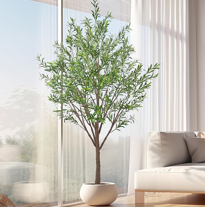 Artificial Olive Tree 8FT with 2253 Leaves Realistic Tall Large Faux Silk Deluxe Plant 96 Inch Black Pot for Indoor Home Office Porch Mall School Hotel Modern Decor Housewarming Gift