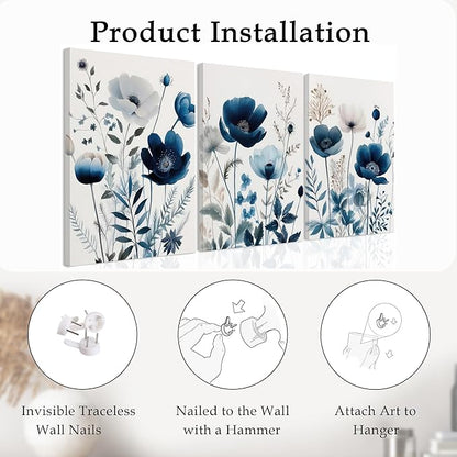 DUWQU 3 Pcs Blue Floral Canvas Wall Art, Elegant Navy Blue Wildflower Lily Daisy Wall Decor, Watercolor Botanical Flower Home Poster Art Prints for Living Room Bedroom Bathroom 16×24 Inches