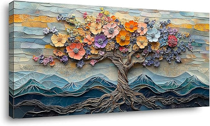 Floral Flower Tree Canvas Wall Art Colorful Tree of Life Painting Prints for Living Room Colorful Abstract Blooming Tree Flower Pictures Wall Décor Bedroom Farmhouse Home Decor Ready to Hang (30x60 Inches)