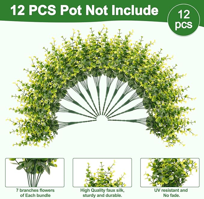 FGSAEOR 12 Bundles Artificial Eucalyptus Plant, Fake Boxwood Shrubs UV Resistant No Fade Faux Greenery for Home Garden Hanging Planter Indoor Porch Patio Office Wedding Decoration