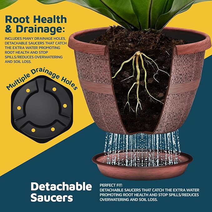 10-Inch Whiskey Barrel Planters Outdoor Pack of 25 - Durable Plastic Plant Pots for Indoor & Outdoor Use with Drainage & Saucer, Lightweight Rustic Barrel Planters for Flowers, Herbs & Small Plants