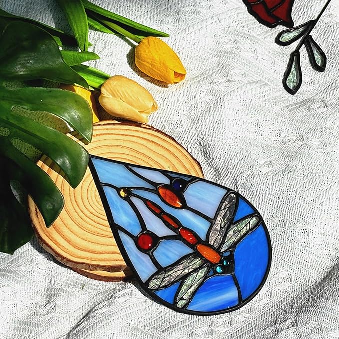 Dragonfly Stained Glass Window Hangings Suncatcher, Tiffany Style Stained Glass Dragonfly Ornament Decor Gifts for Women Mom, Wedding Birthday Christmas Celebration Gifts.
