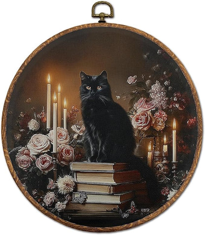 DEQSX Vintage Black Cat Floral Round Wall Art, Rustic Moody Dark Academia Botanical Kitten Floral Wall Decor Canvas Prints Posters for Home Library Reading Room, 10x10 Inches