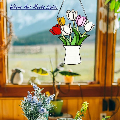 Tulip Stained Glass Window Hangings Flower Suncatcher Ornament, Handmade Tiffany Style Stained Glass Flower Decor Gifts for Women Mom Teacher,Wedding Birthday Christmas Celebration Gifts