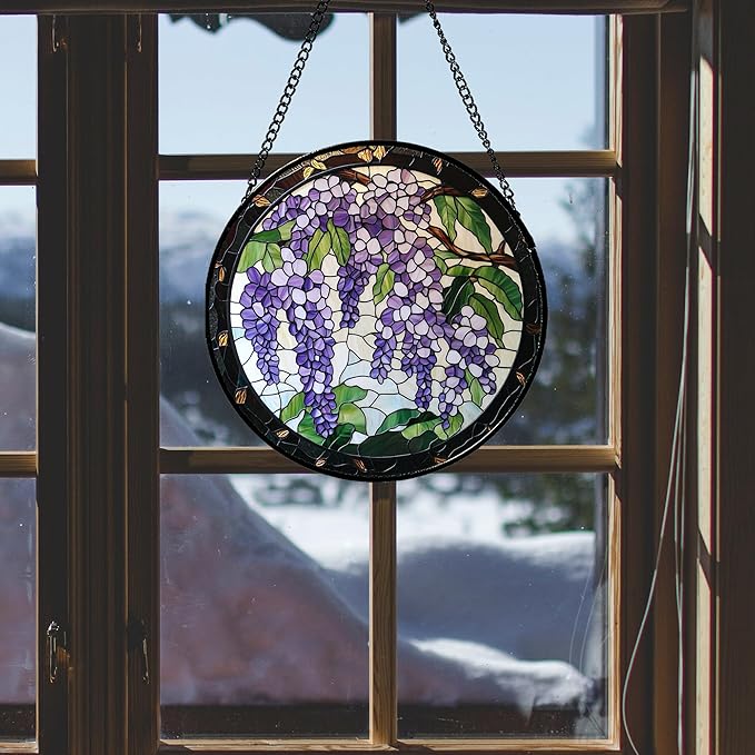 Stained Glass Window Hanging - Wisteria Flower Tree Suncatcher for Doors Garden Patio Plant Sun Catchers Decor Christmas Mother's Day Birthday Gifts for Women Men Mom Nana Friend 6.3 in