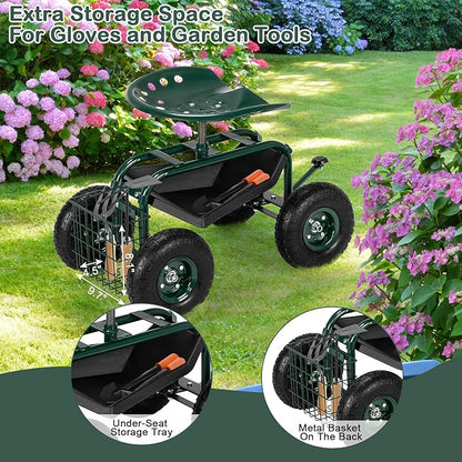 Outvita Garden Cart Gardening Workseat w/Wheels, Rolling Work Seat with Adjustable 360 Degree Swivel Seat, Basket and Tool Tray, Patio Wagon Scooter for Lawn Yard Outdoor Planting（Green）