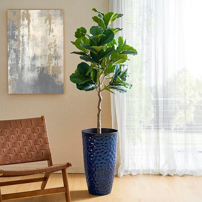 Glitzhome Set of 2 Tall Plastic Planters 23.75"H Eco-Friendly Honeycomb Textured Outdoor Indoor Garden Pots for Porch Patio, Large Modern Deck Plant Container with Easy Knock-out Drainage Holes, Blue