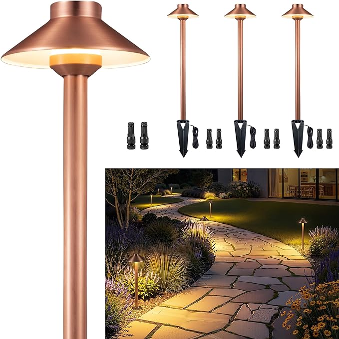 Gardenreet Brass Low Voltage Path Lights(Hat) Outdoor Waterproof IP65, 12V LED Copper Landscape Lights Wired Fixture for Garden Walkway Driveway Garden Yard Without G4 Bulb(4 Pack)