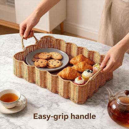 Scalloped Rattan Tray Basket,17"*12"*4" Super Hard Rectangle Hand Woven Wicker Serving Tray with Handles, Seagrass Decoratve Tray for Coffee Table (Rattan-Cream Color-17 * 12 * 4")