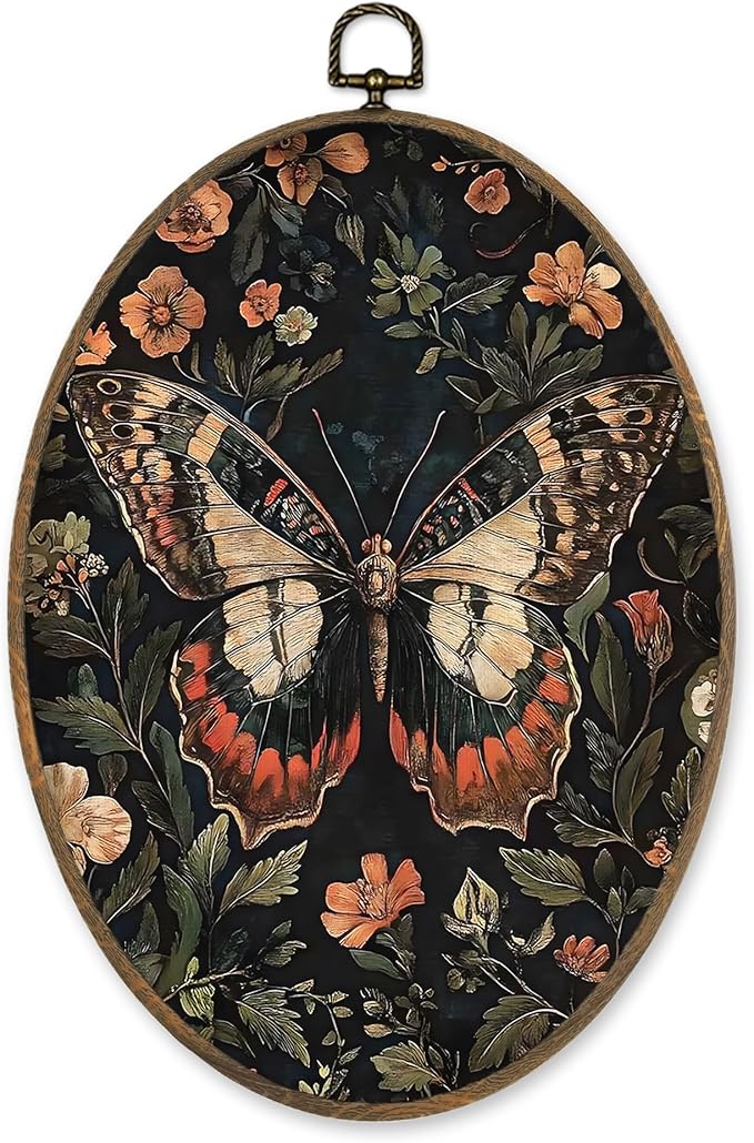 LKETW Vintage Butterfly Floral Oval Wall Art Decor, William Morris Cottagecore Butterfly Botanical Oval Canvas Hanging Decor, Moth Flower Wall Decorations for Home Bedroom Living Room, 8.6x11.4 Inch