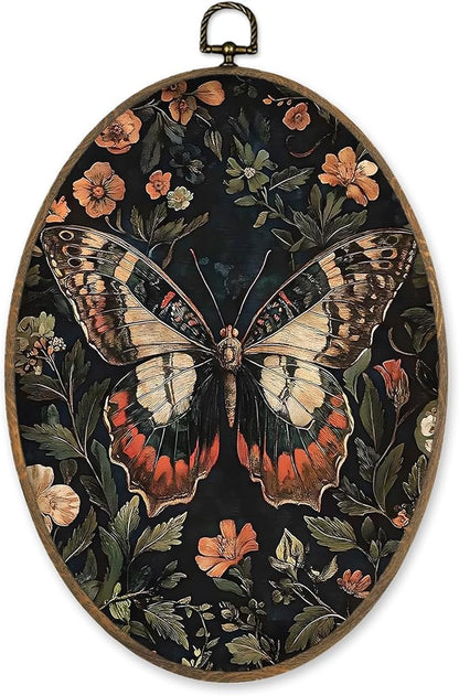 LKETW Vintage Butterfly Floral Oval Wall Art Decor, William Morris Cottagecore Butterfly Botanical Oval Canvas Hanging Decor, Moth Flower Wall Decorations for Home Bedroom Living Room, 8.6x11.4 Inch