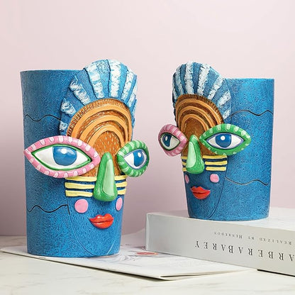Picasso Blue Face Planter Pots Abstract Art Colorful Funky Plant Pots with Facial Expressions Unique Head Planter for Indoor Plants Home Decor (Large)