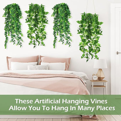Hoteam 12 Pcs Artificial Hanging Plants 32 Inch Fake Ivy Vines with Fake Leaves Patio Artificial Plants Greenery for Living Room Indoor Outdoor Wall, No Basket (Pothos,Eucalyptus)