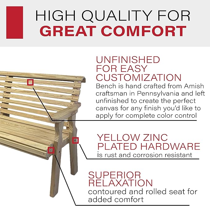 Amish Casual Heavy Duty Unfinished 5 Foot Roll Back Outdoor Bench - Amish Made in The USA from Treated Pine for Outdoor Durability, 700 Lb Weight Capacity