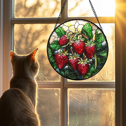 Stained Glass Suncatcher, Red Strawberry Green Leaf Sun Catcher Silver Background Stain Glass Window Hanging Decoration Mother's Day Birthday Gifts for Women Men Mom Nana 15 in