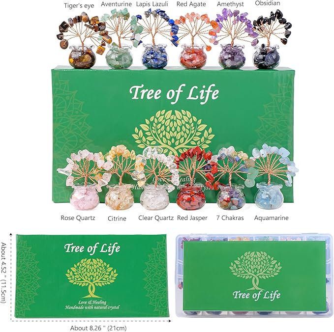 Runyangshi 12pcs Chakra Crystal Tree Set - Fengshui Money Tree with Gemstones, Glass Base, Natural Crystal and Healing Stones for Home Office Decor