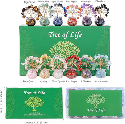 Runyangshi 12pcs Chakra Crystal Tree Set - Fengshui Money Tree with Gemstones, Glass Base, Natural Crystal and Healing Stones for Home Office Decor