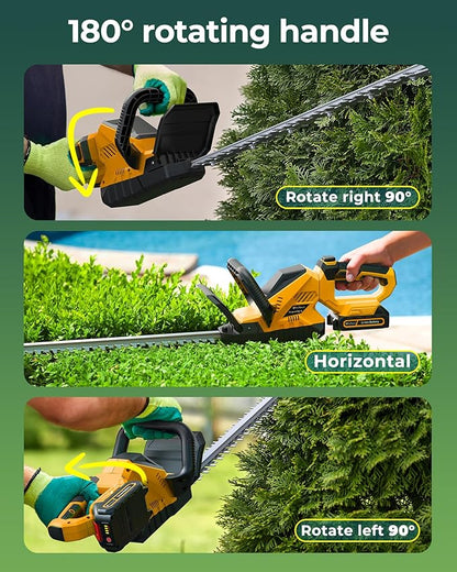 20'' Hedge Trimmer Cordless with Battery, 3000RPM Electric Handheld Bush Clipper with 2pcs 2000mAh Rechargeable Batteries, 180° Rotatable Head, 2/3'' Blade Gap Yellow