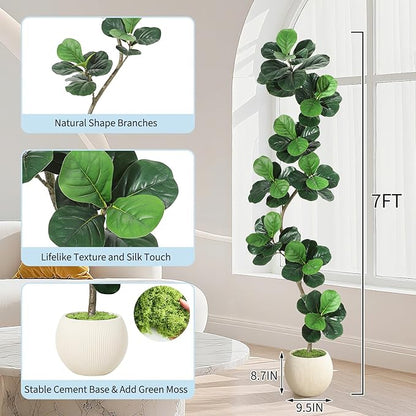 GarveeHome Fiddle Leaf Fig Artificial Tree with White Planter,7 ft Faux Plants Indoor with Moss, Fake Rubber Tall Fake Floor Plant in Pot - Artificial Trees for Home Office Living Room Decor