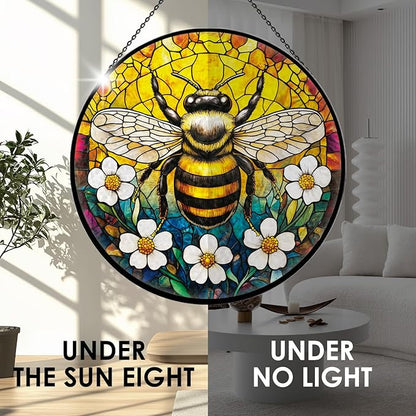 Bee Sunflower Stained Glass Window Hanging, 7.9" Vintage Bee Yellow Flower Sun Catcher for Window Door Home Decor, Bumblebee Suncatcher Christmas Birthday Gifts for Women Friends