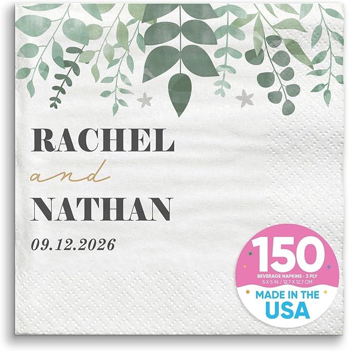 Big Dot of Happiness Personalized Boho Botanical Bride Party Napkins, Custom Greenery Wedding or Bridal Shower Decor, White 3-Ply Paper Beverage Napkins - 150 Count