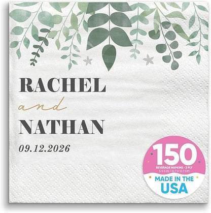Big Dot of Happiness Personalized Boho Botanical Bride Party Napkins, Custom Greenery Wedding or Bridal Shower Decor, White 3-Ply Paper Beverage Napkins - 150 Count
