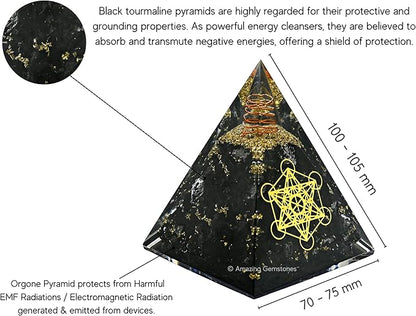 Amazing Gemstone Organite Orgone Pyramid Extra Large 105 MM - Metatron Cube Orgone Energy Pyramid with Black Tourmaline Crystals and Healing Stone - Orgonite Pyramids Crystals and Positive Energy