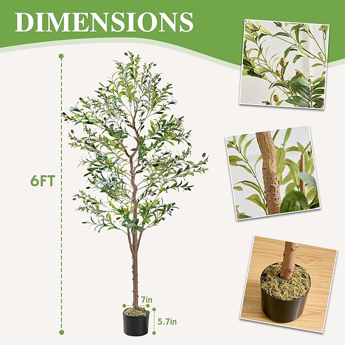 VECELO Artificial Olive Tree 6FT(72inch), Tall Faux Olive Trees in Pot, Fake Silk Plant with Dried Moss for Indoor Outdoor Home Office Decor, 2 Pack