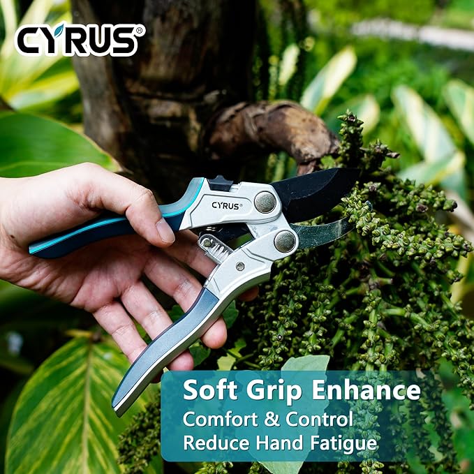 CYRUS Pruning Garden Shears with Ratchet labor-saving Lever, Carbon Steel Non-Stick Blade, Aluminum Handle & Safety Lock, Sharp Flower Scissors for Trimming Branches Up to 0.9 Inch