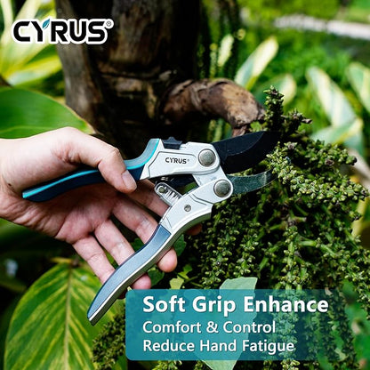 CYRUS Pruning Garden Shears with Ratchet labor-saving Lever, Carbon Steel Non-Stick Blade, Aluminum Handle & Safety Lock, Sharp Flower Scissors for Trimming Branches Up to 0.9 Inch