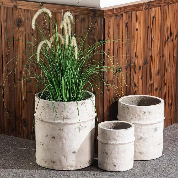 Yundu Concrete Planter Set of 3, 14.5 & 12 & 10.2 inch Plant pots, Modern White Concrete Planter with Drain Hole, Office and Home Décor, Indoor and Outdoor Décor